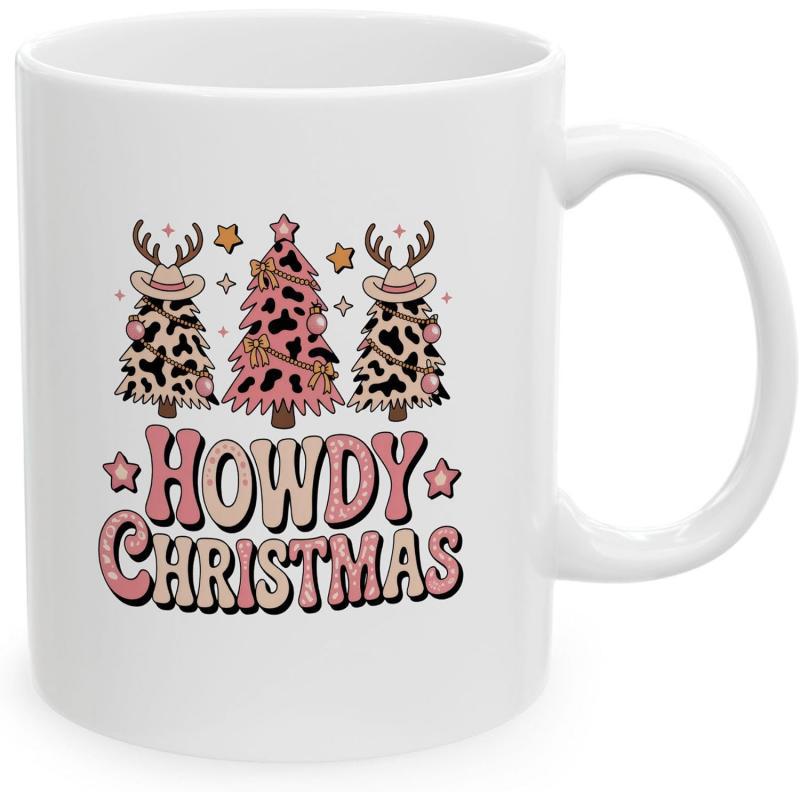 Tailorly White Ceramic 11 oz Mug - Howdy Christmas Festive Cowboy Themed Trees With Antlers And Western Hats Tree