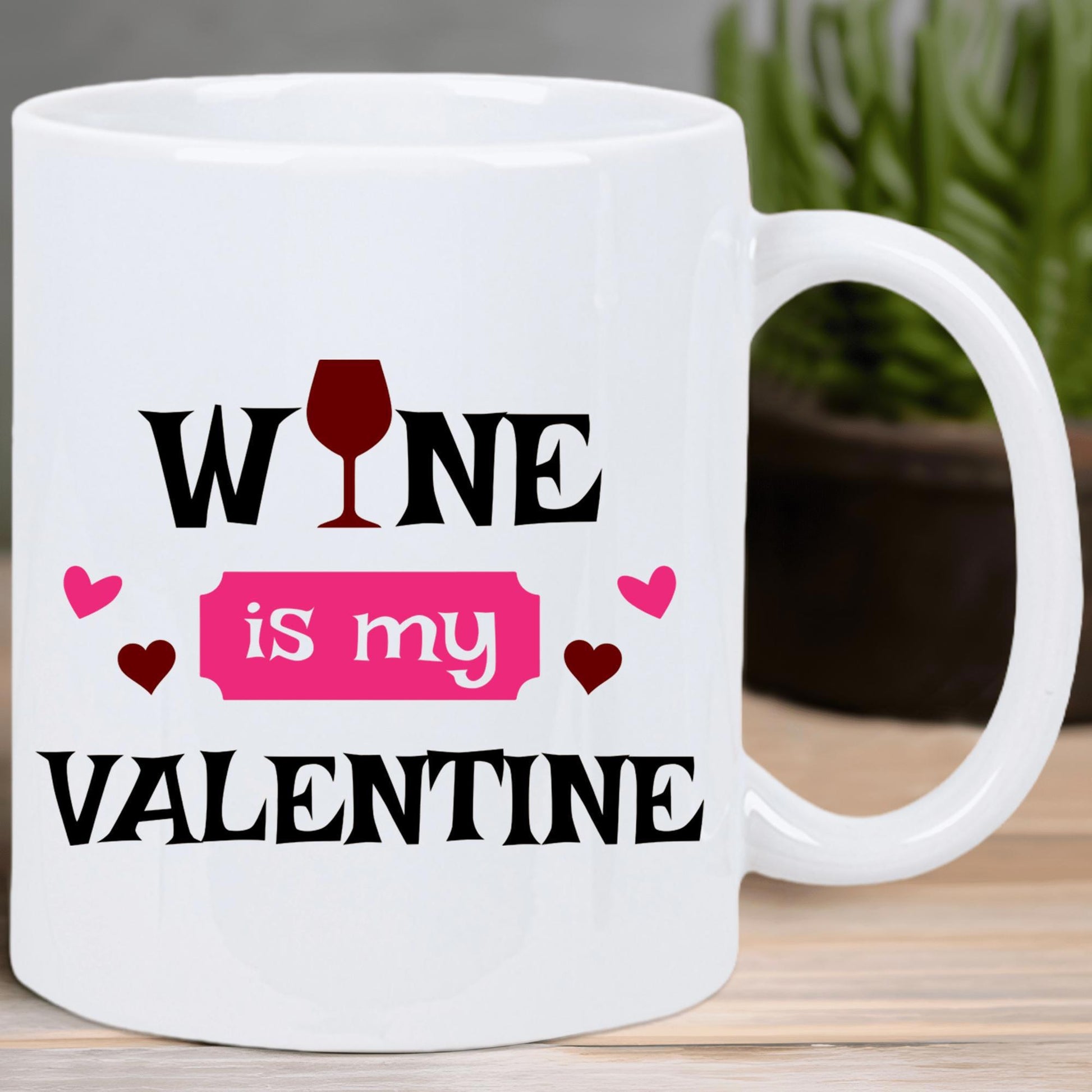 Tailorly White Ceramic 11 oz Mug - Wine Is My Valentine Elegant Red Wine Glass Silhouette Among Romantic Floating Red Hearts Pattern Mug