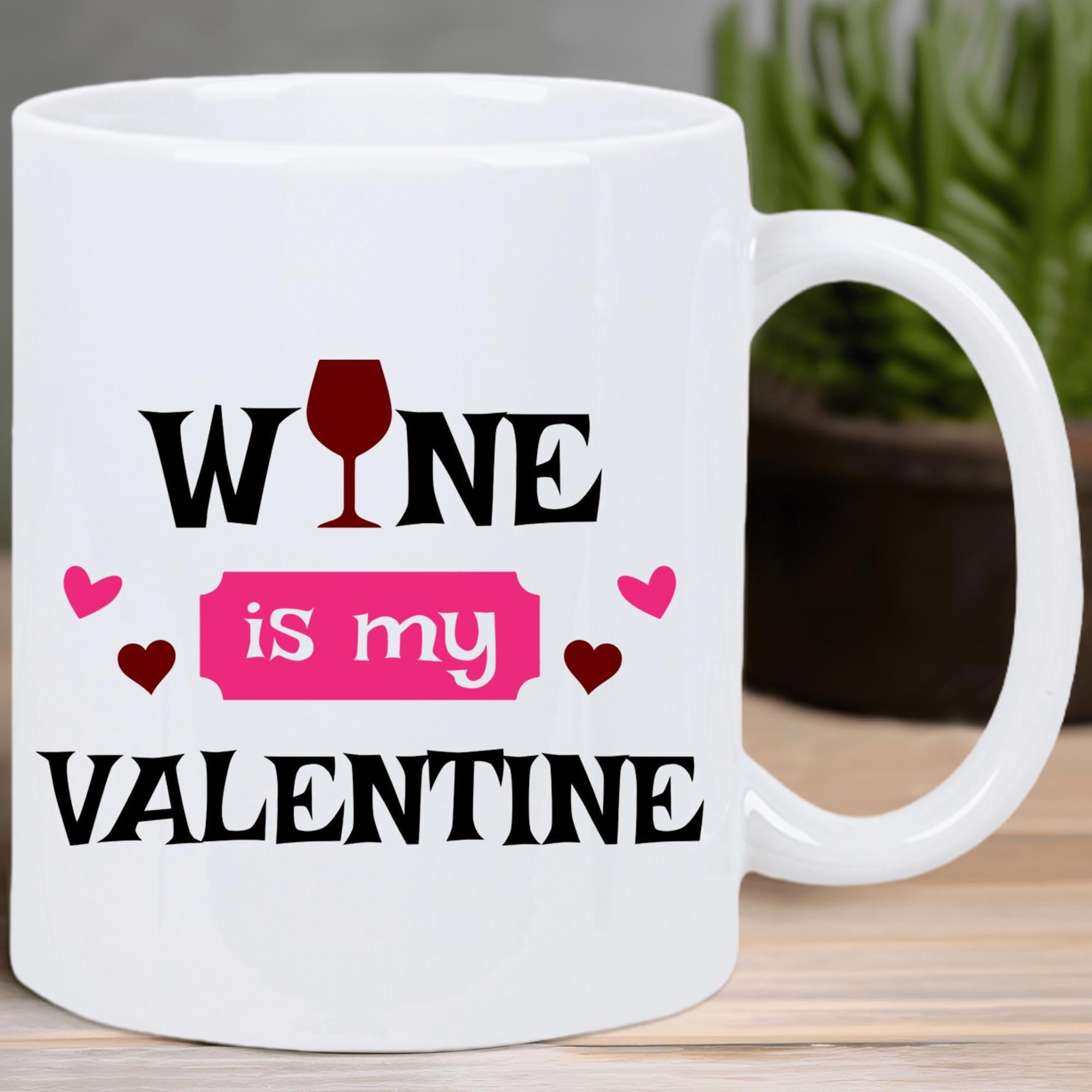Tailorly White Ceramic 11 oz Mug - Wine Is My Valentine Elegant Red Wine Glass Silhouette Among Romantic Floating Red Hearts Pattern Mug