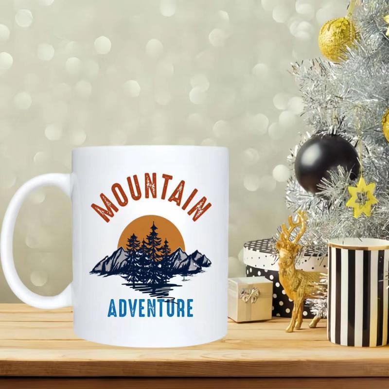 Tailorly White Ceramic 11 oz Mug - Mountain Adventure Vintage Distressed Sunset Behind Dark Pine Forest And Mountain Peaks Mountain