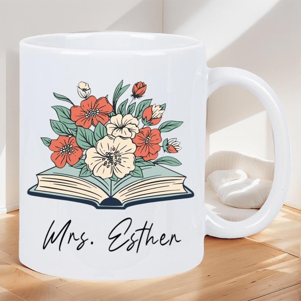 Tailorly White Ceramic 11 oz Mug - Mrs Esther Beautiful Vintage Flowers Blooming From Inside Of An Open Antique Book