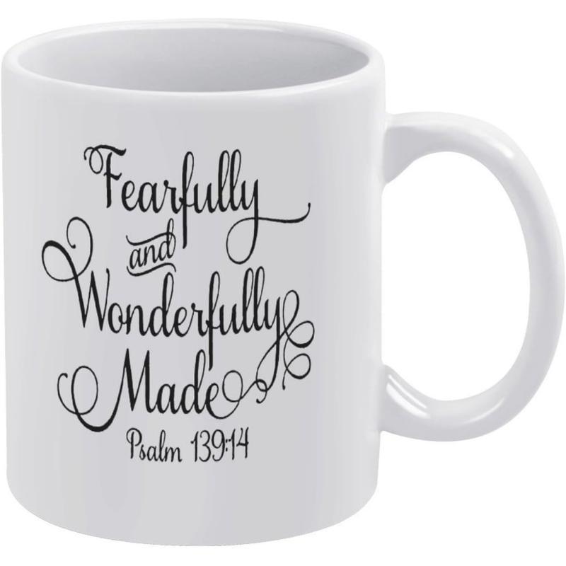 Tailorly White Ceramic 11 oz Mug - Fearfully And Wonderfully Made Psalm 139 14 Elegant Calligraphy Script Printed On A Minimalist Smooth