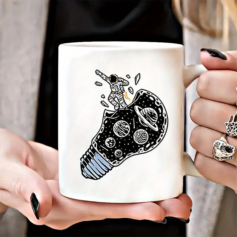 Tailorly White Ceramic 11 oz Mug - Cosmic Universe Inside Lightbulb With Spaceman Dancing Under Stars And Planets Astronaut