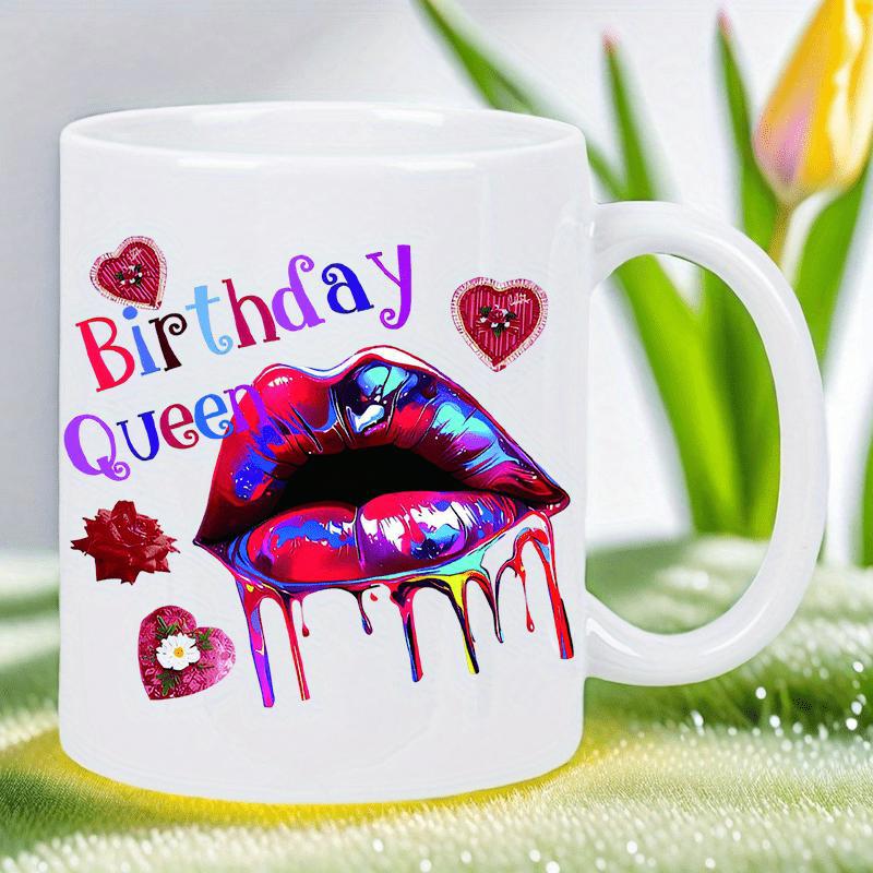 Tailorly White Ceramic 11 oz Mug - Birthday Queen Vibrant Artistic Dripping Paint Style Accompanied By Miniature Red Heart Elements Lips