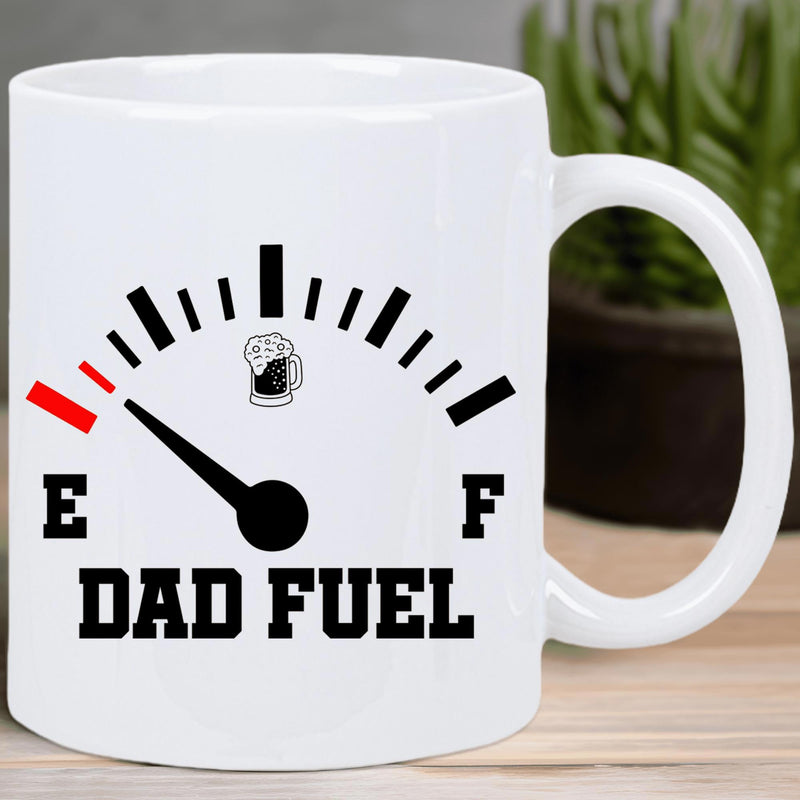 Tailorly White Ceramic 11 oz Mug - Dad Fuel Minimalist Industrial Fuel Gauge Displaying Low Level With Small Beer Icon Mug