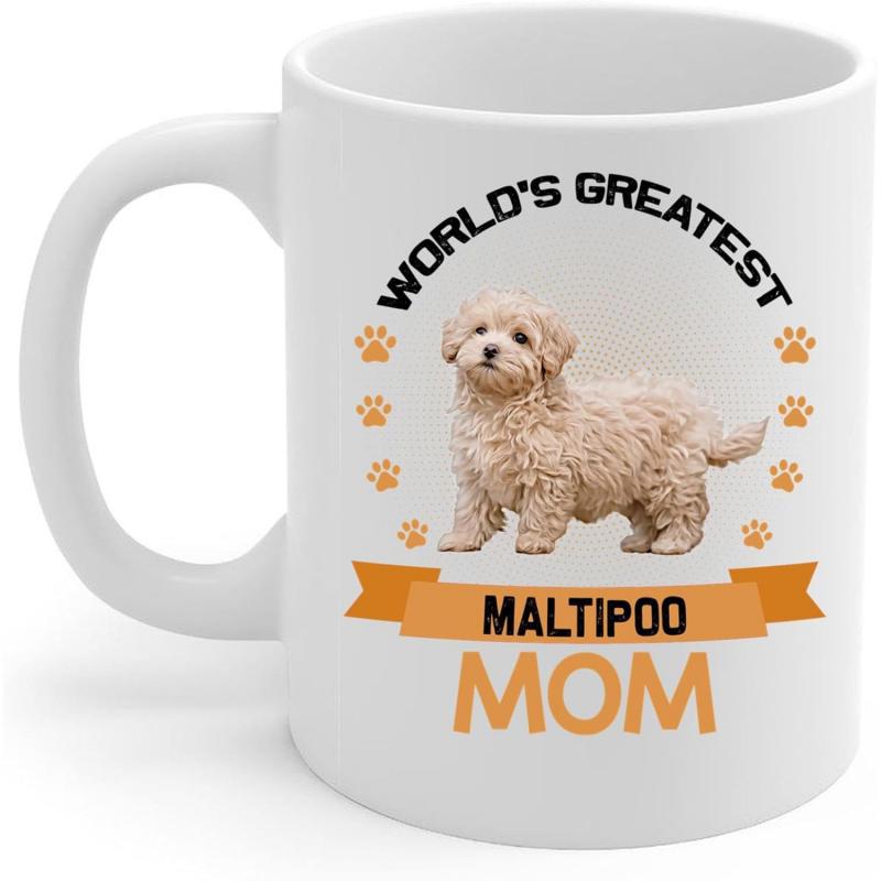Tailorly White Ceramic 11 oz Mug - Worlds Greatest Maltipoo Mom Cute Fluffy Puppy Standing Within Golden Paw Prints And Decorative Banner Dog