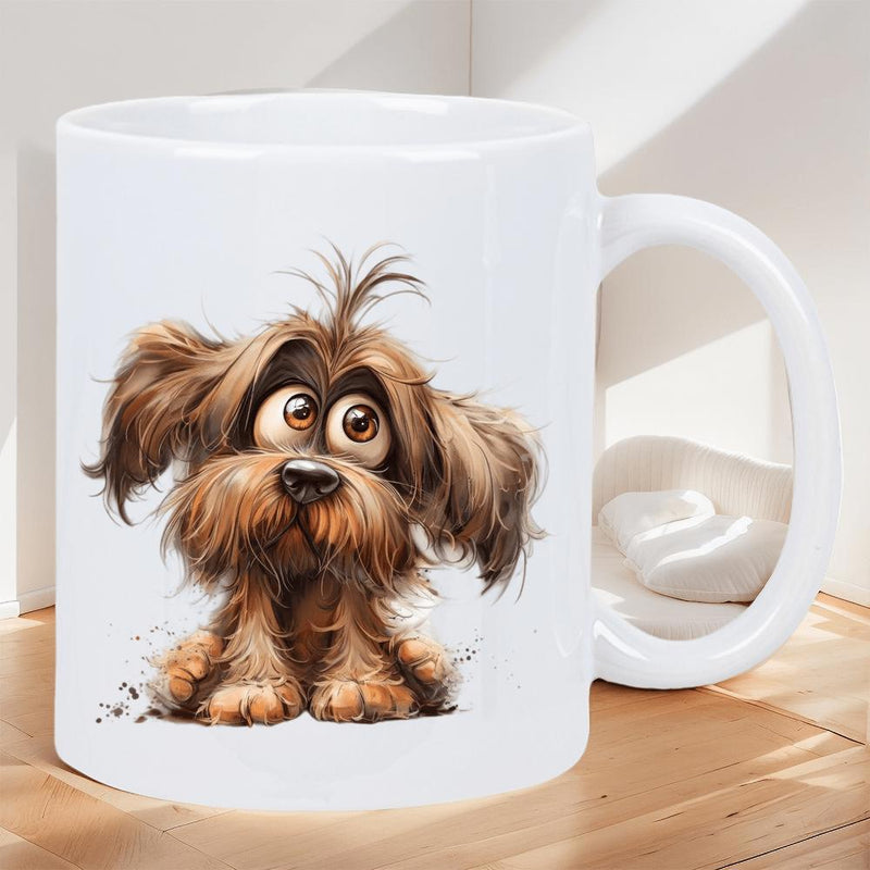 Tailorly White Ceramic 11 oz Mug - Adorable Scruffy Brown Puppy With Big Expressive Eyes Sitting Patiently Dog