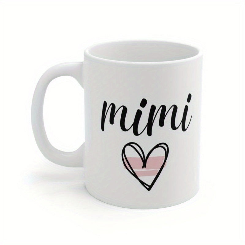 Tailorly White Ceramic 11 oz Mug - Mimi Elegant Cursive Script Above Artistic Hand Drawn Sketchy Pink Heart