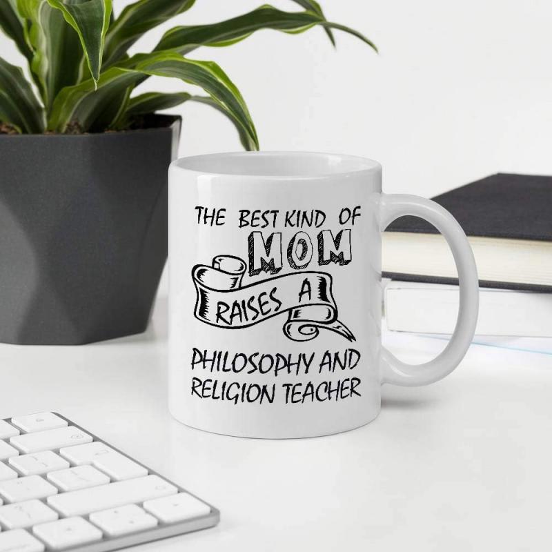 Tailorly White Ceramic 11 oz Mug - The Best Kind Of Mom Raises A Philosophy And Religion Teacher Simple Black Ink Drawing With Elegant Banner Featuring Decorative