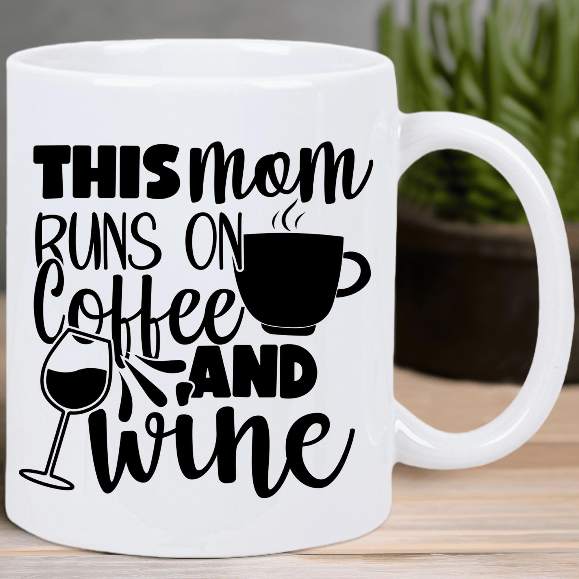 Tailorly White Ceramic 11 oz Mug - This Mom Runs On Coffee And Wine Minimalist Black Silhouettes Of Steaming Coffee Mug And Splashing Wine Glass Mug