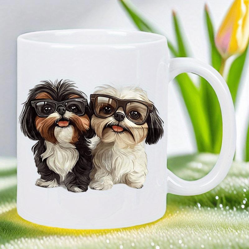 Tailorly White Ceramic 11 oz Mug - Two Small Adorable Fluffy Puppies Wearing Stylish Black Frames Glasses Dog