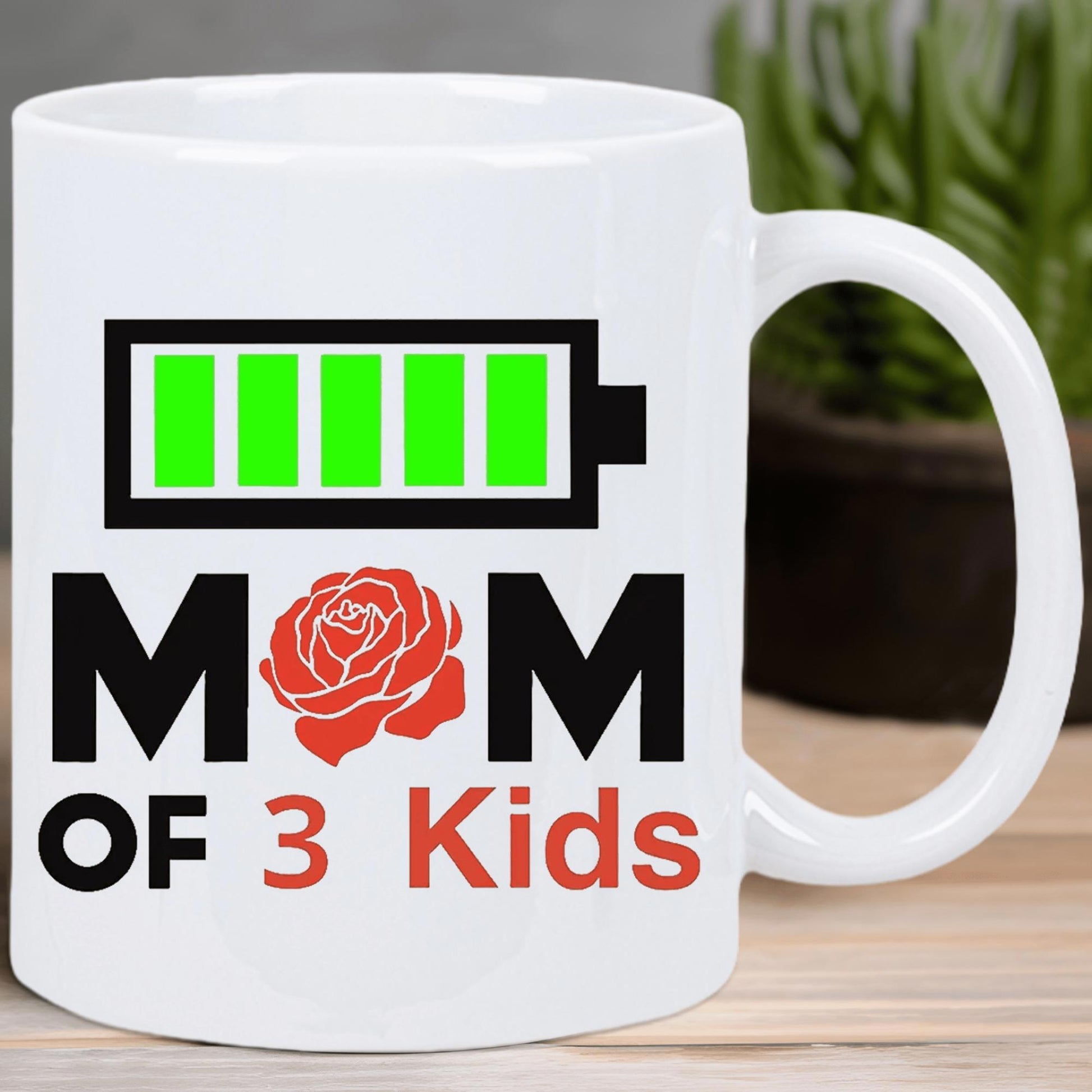Tailorly White Ceramic 11 oz Mug - Mom Of 3 Kids Full Green Battery Power Level Above A Beautiful Red Rose Mug