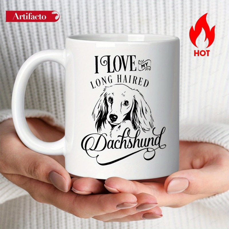 Tailorly White Ceramic 11 oz Mug - I Love Long Haired Detailed Hand Drawn Line Art Of A Furry Breed Dachshund