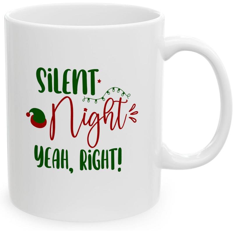 Tailorly White Ceramic 11 oz Mug - Silent Night Yeah Right Festive Christmas Text With Decorative Santa Hat And Twinkling Fairy Lights Typography