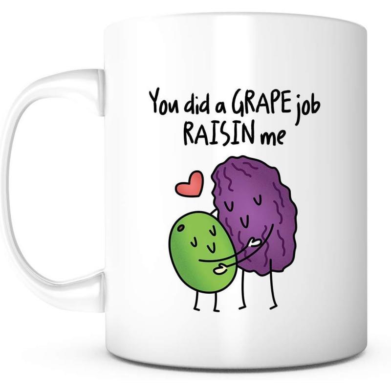 Tailorly White Ceramic 11 oz Mug - You Did A Grape Job Raisin Me Cute Cartoon Grape And Raisin Hugging Each Other With Red Heart Grape