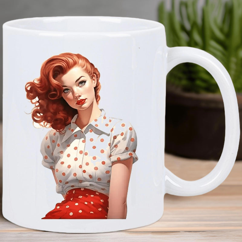 Tailorly White Ceramic 11 oz Mug - Vintage Retro Style Pin Up Lady Wearing Polka Dot Shirt Woman