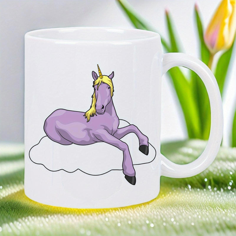 Tailorly White Ceramic 11 oz Mug - Majestic Purple Mythical Creature Resting Comfortably On A Soft Fluffy White Cloud Unicorn