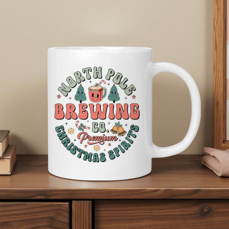 Tailorly White Ceramic 11 oz Mug - North Pole Brewing Co Premium Christmas Spirits Festive Retro Winter Scene With Trees Bells And Stars Mug