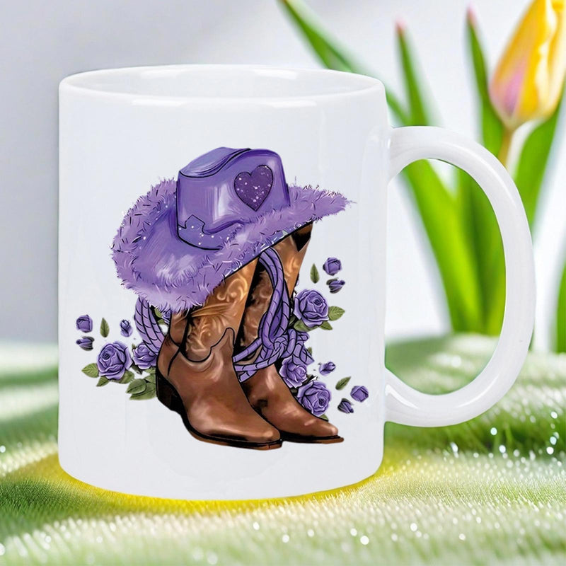 Tailorly White Ceramic 11 oz Mug - Rustic Western Hat Resting On Leather Footwear Surrounded By Purple Flowers Boots