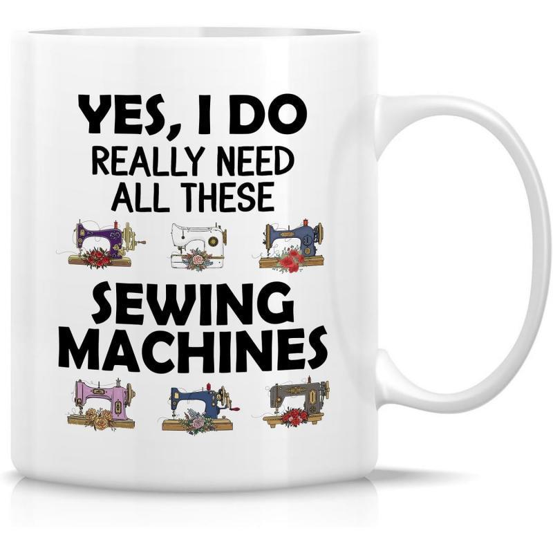 Tailorly White Ceramic 11 oz Mug - Yes I Do Really Need All These Sewing Machines Vintage Antique Style Multi Colored Illustrations Arranged In Rows Displaying