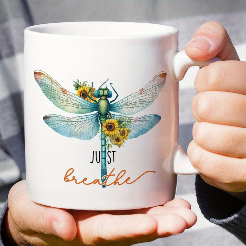 Tailorly White Ceramic 11 oz Mug - Just Breathe Delicate Teal Wings Decorated With Vibrant Yellow Sunflowers And Soft Details Dragonfly