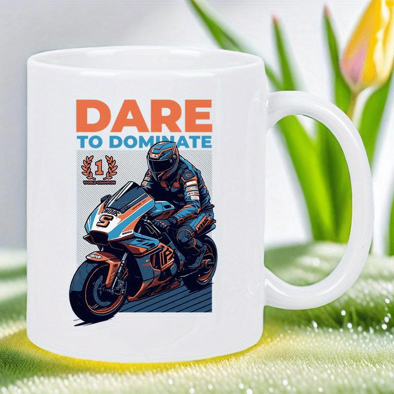 Tailorly White Ceramic 11 oz Mug - Dare To Dominate Fast Professional Rider Leaning Into Curve On High Speed Racing Motorcycle