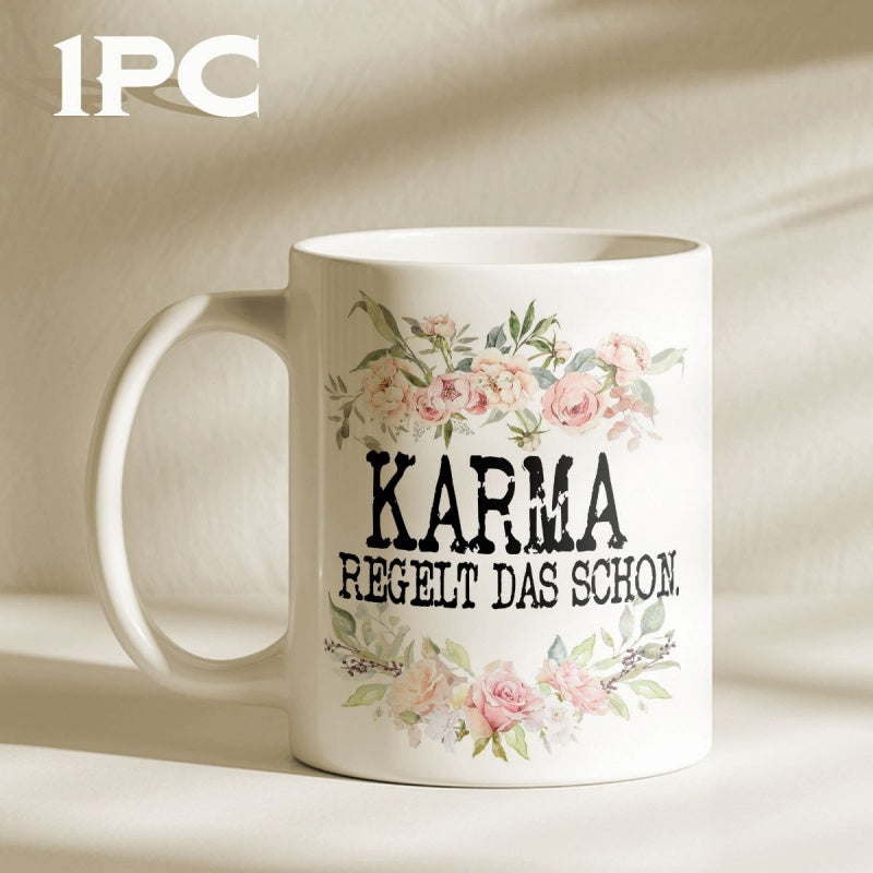 Tailorly White Ceramic 11 oz Mug - Karma Delicate Watercolor Roses Blooming With Soft Green Leaves In Elegant Arrangement Flower