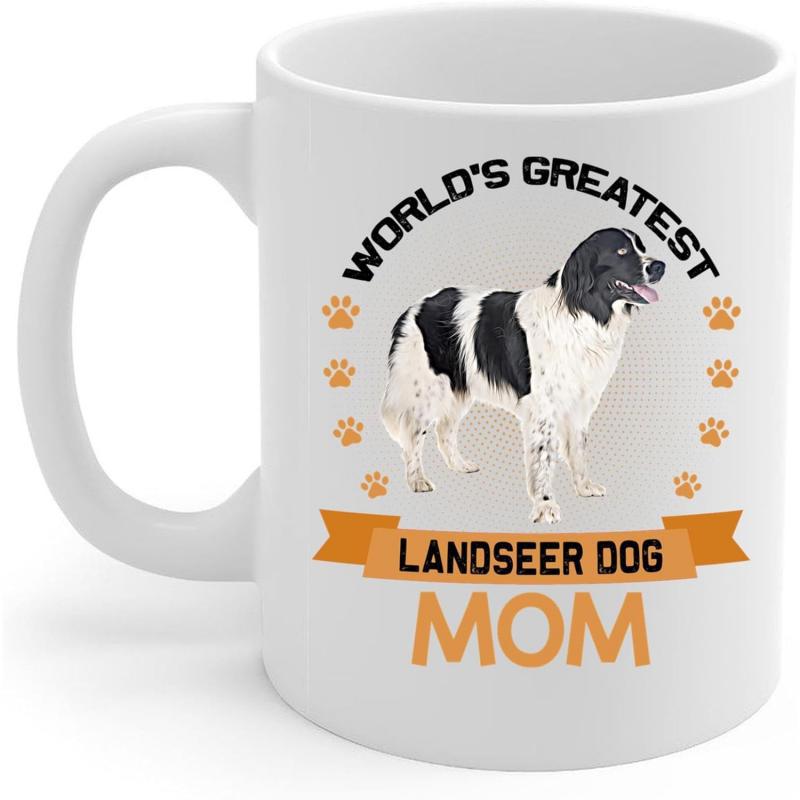 Tailorly White Ceramic 11 oz Mug - Worlds Greatest Landseer Dog Mom Standing Within Orange Paws Surrounded By Majestic Ribbon Dog