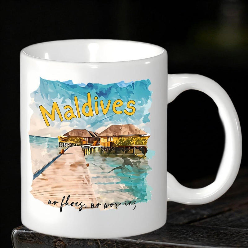 Tailorly White Ceramic 11 oz Mug - Maldives No Shoes No News Vibrant Tropical Overwater Bungalows Reflecting On Clear Blue Sea Landscape