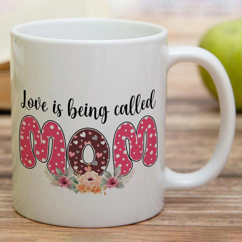 Tailorly White Ceramic 11 oz Mug - Love Is Being Called MOM Floral Patterns With Polka Dots And Heart Shapes Elegant MOM