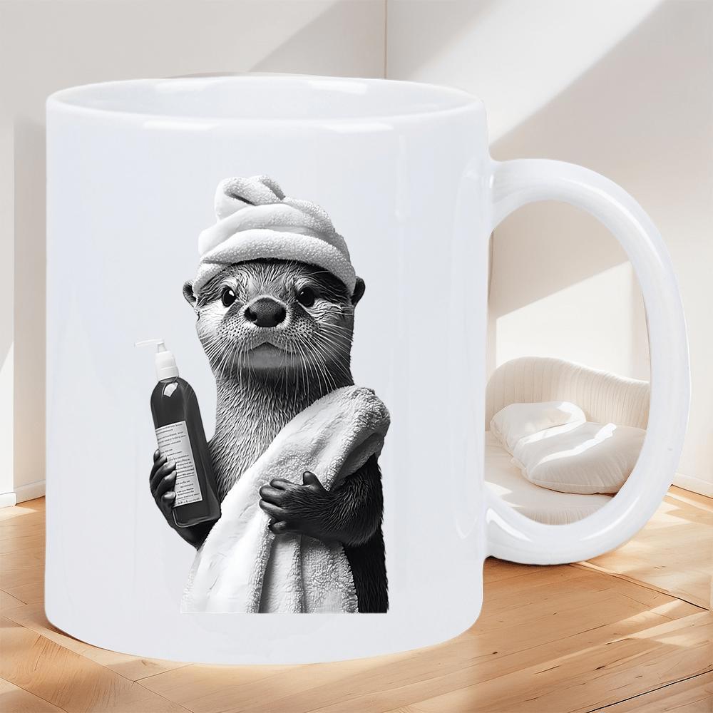 Tailorly White Ceramic 11 oz Mug - Cute Spa Animal Wrapped In White Soft Towels Holding Bottle Otter