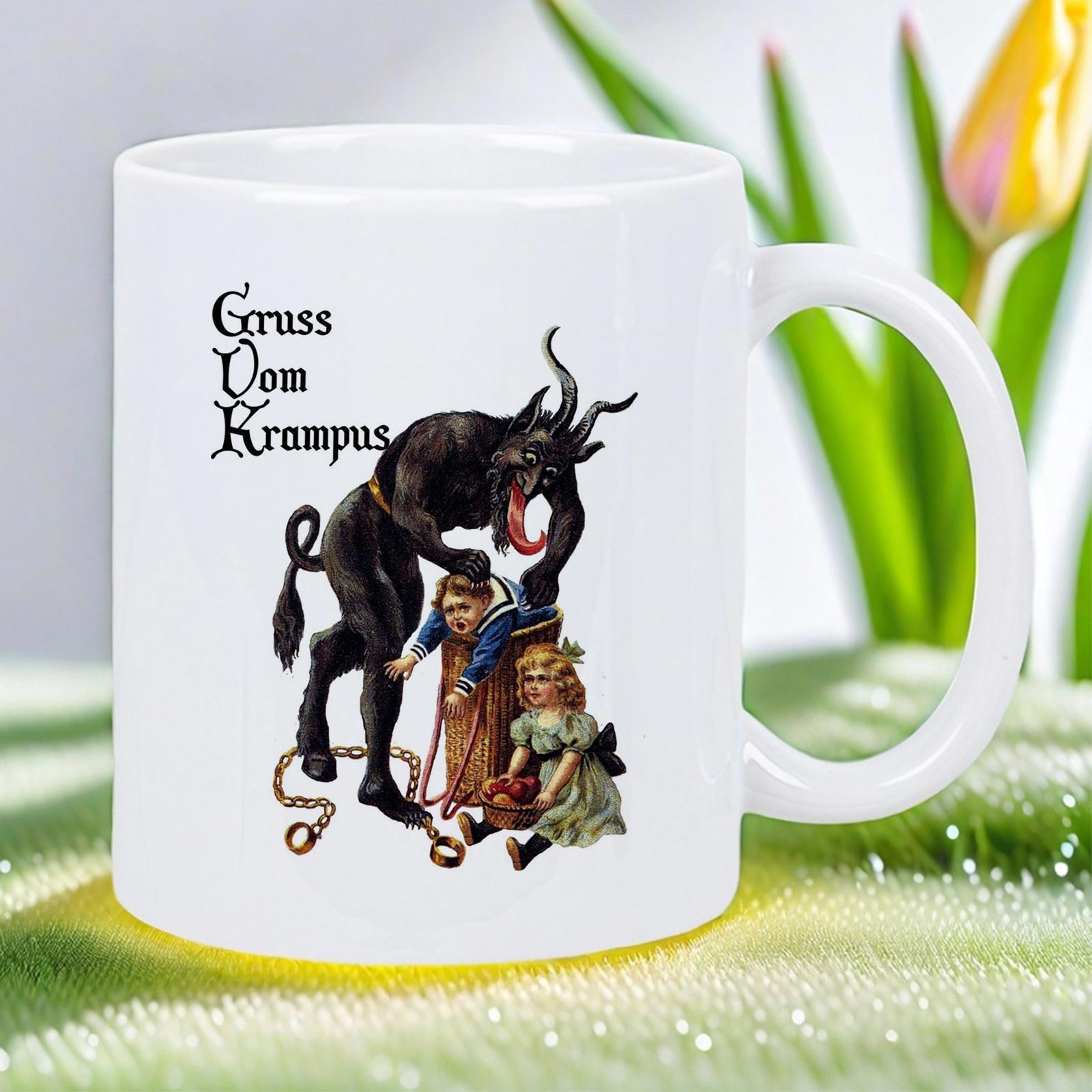 Tailorly White Ceramic 11 oz Mug - Traditional Vintage Illustration Featuring A Horned Mythical Creature With Children Krampus