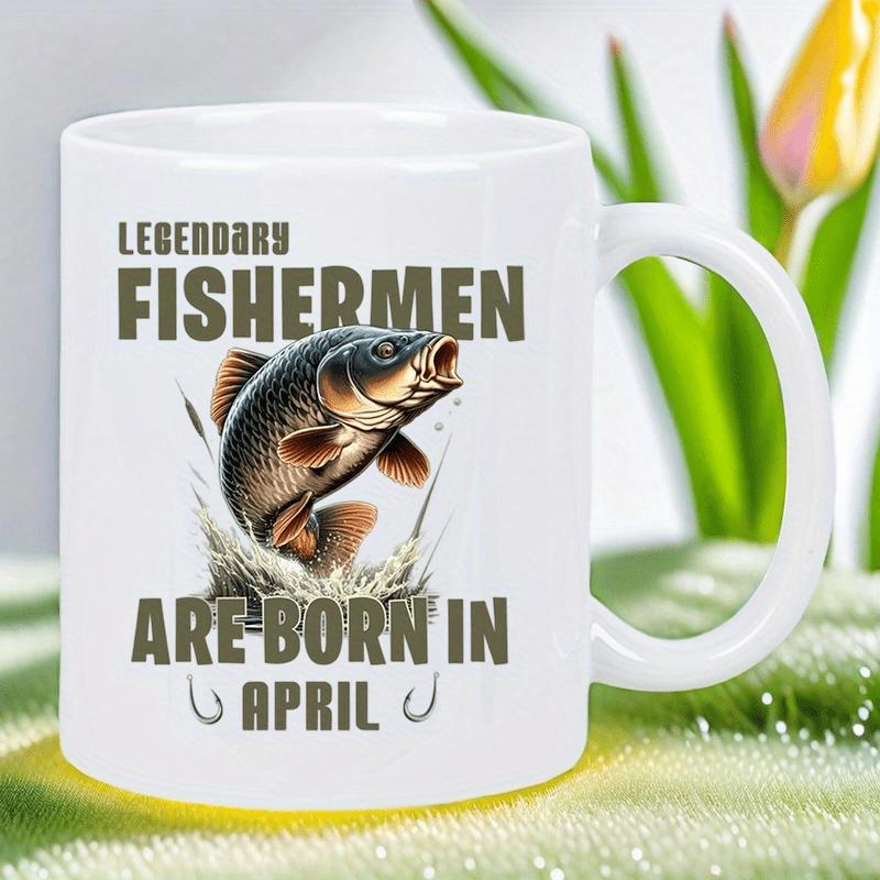 Tailorly White Ceramic 11 oz Mug - Legendary Fishermen Are Born In April Jumping Out Of Rippling Water Amidst Dynamic Realistic Splashing Waves Fish