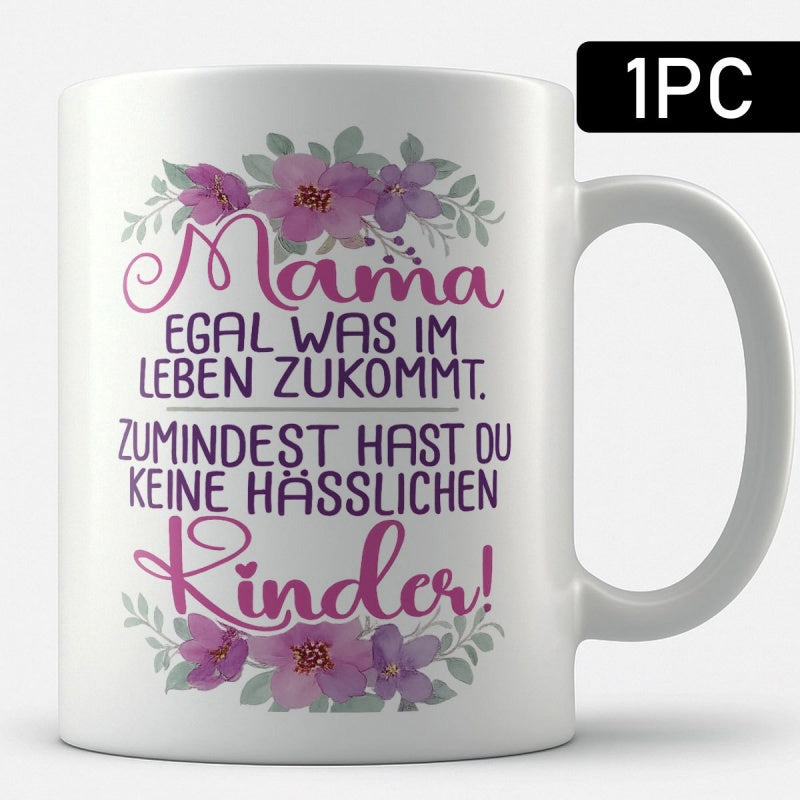 Tailorly White Ceramic 11 oz Mug - Watercolor Purple Blossoms And Delicate Green Leaves In Circular Arrangement Flower