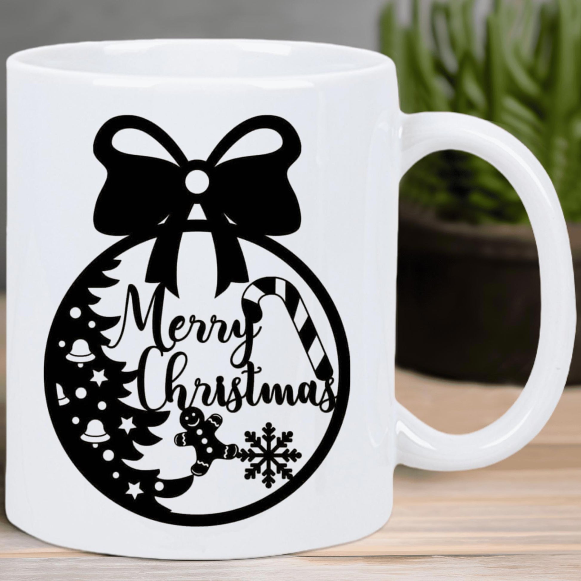 Tailorly White Ceramic 11 oz Mug - Merry Christmas Elegant Circular Ornament Decorated With Festive Bow And Tree Bauble