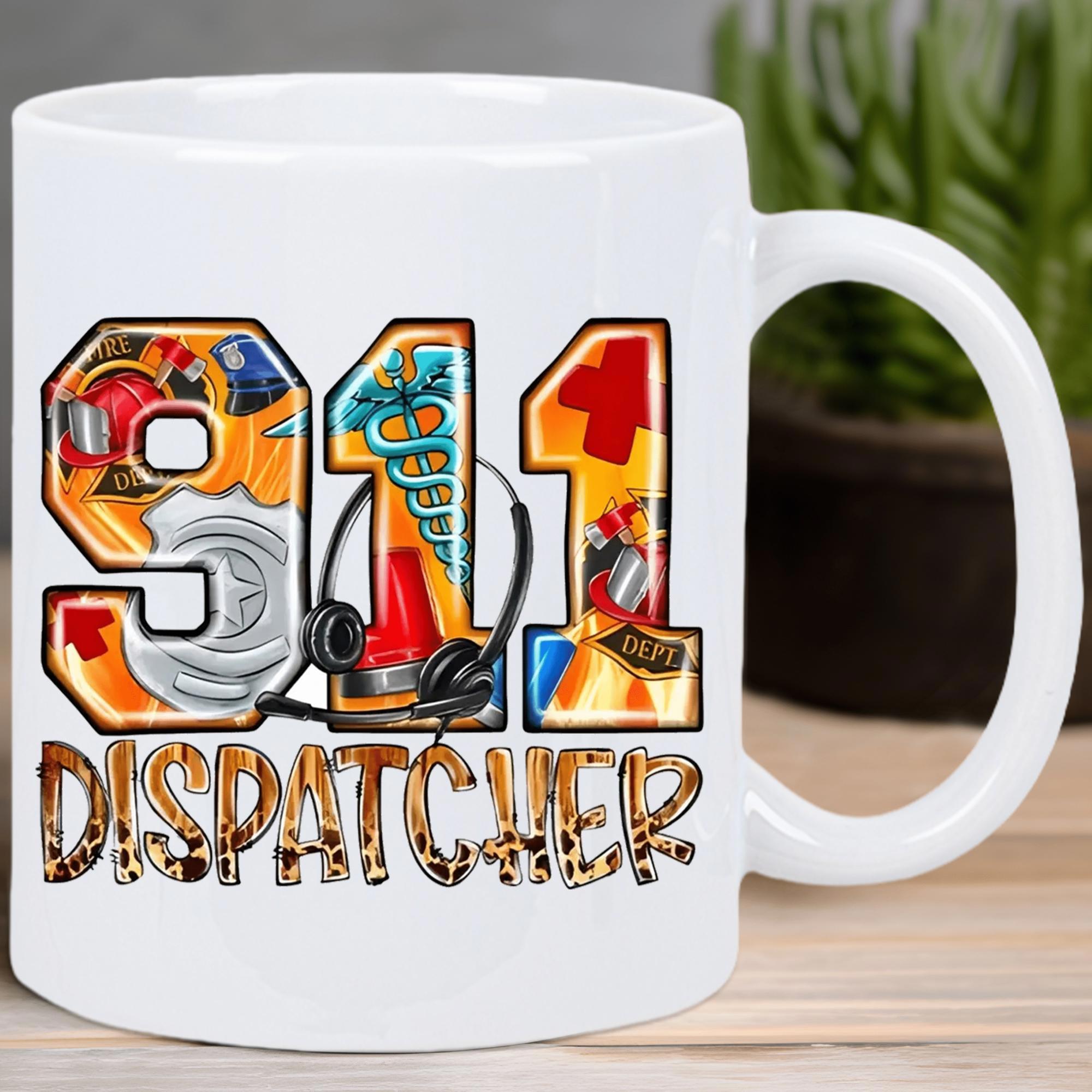 Tailorly White Ceramic 11 oz Mug - 911 Dispatcher Bold Stylized Numbers Filled With Emergency Service Symbols And Professional Communication Headset Mug