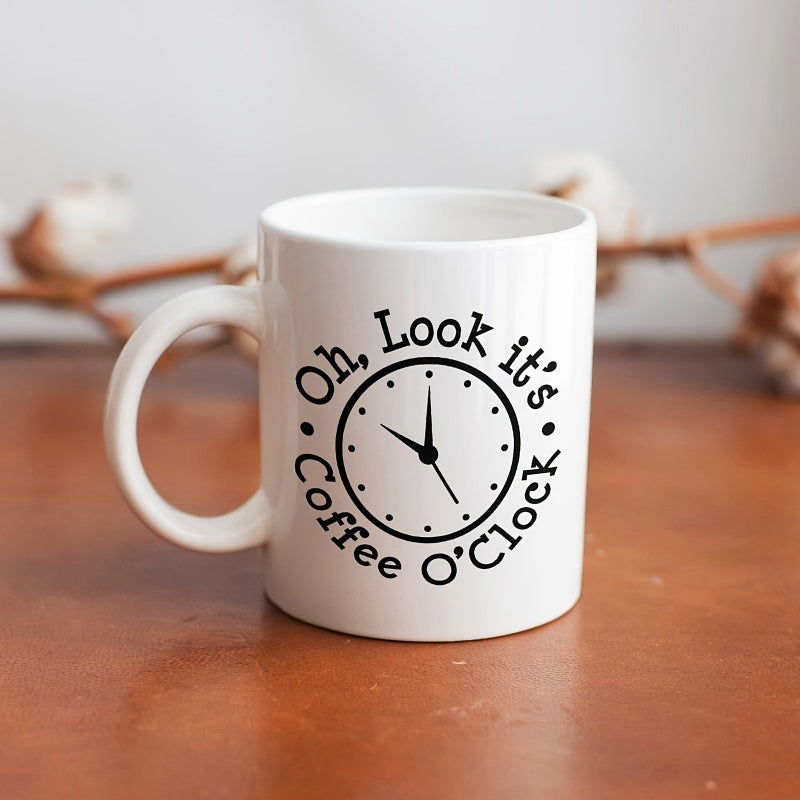 Tailorly White Ceramic 11 oz Mug - Oh Look It S Coffee O Clock Sleek Minimalist Clock Face Featuring Delicate Hands And Dotted Markers Mug