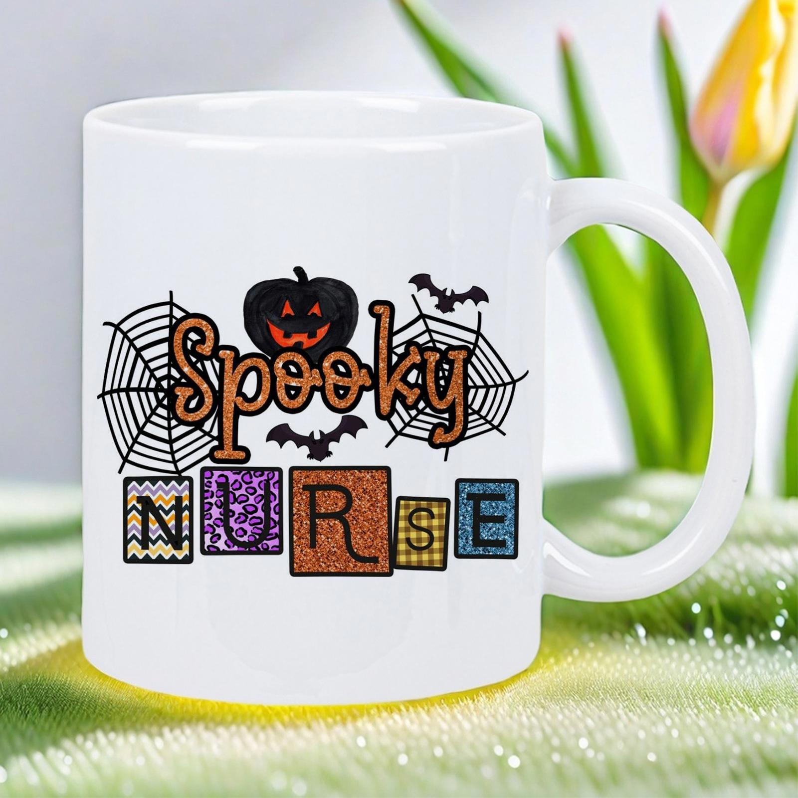 Tailorly White Ceramic 11 oz Mug - Spooky Nurse Halloween Themed Design With Jack O Lantern Spider Webs And Bats Mug