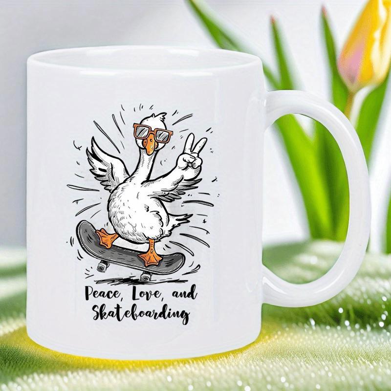 Tailorly White Ceramic 11 oz Mug - Peace Love And Skateboarding Cool White Animal Wearing Sunglasses Riding A Skateboard Peace Sign Goose