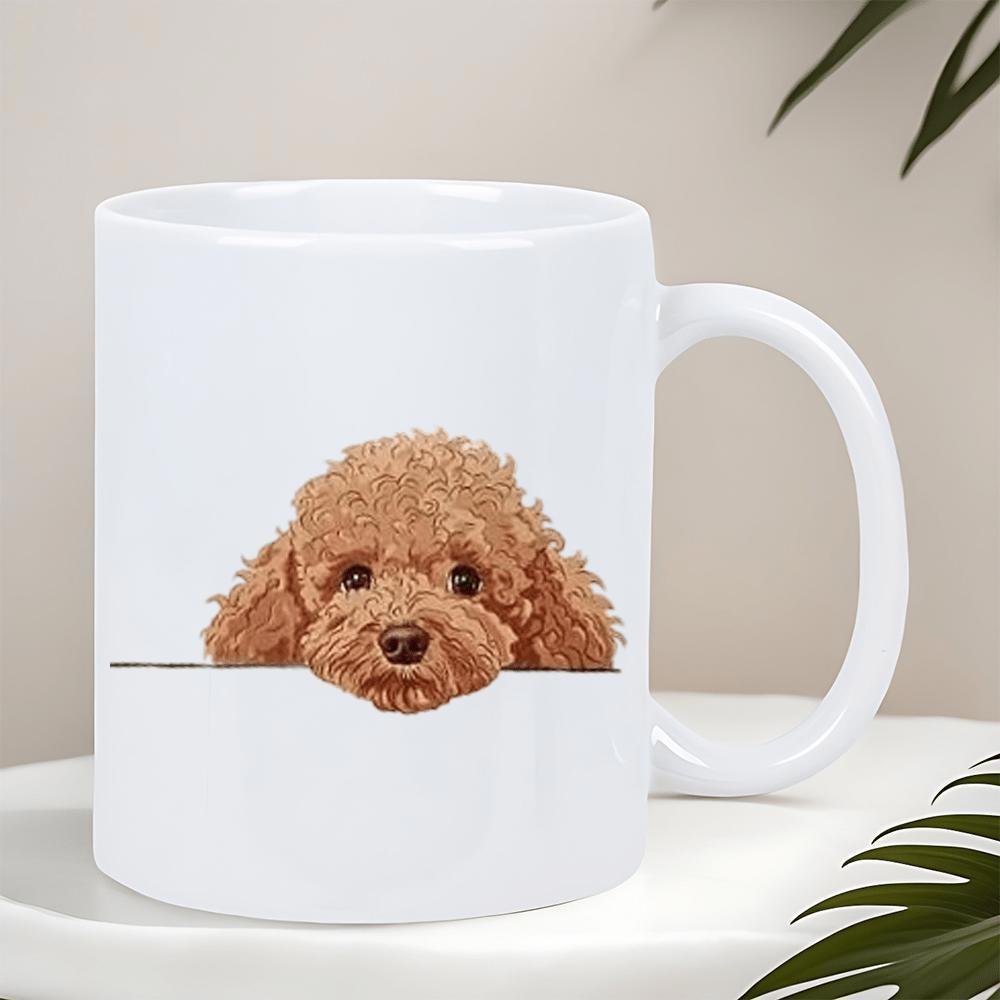 Tailorly White Ceramic 11 oz Mug - Adorable Brown Curly Hair Dog Peeking With Curious Dark Eyes Poodle