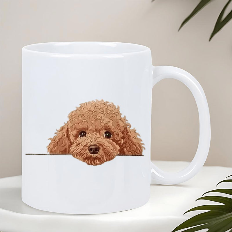 Tailorly White Ceramic 11 oz Mug - Adorable Brown Curly Hair Dog Peeking With Curious Dark Eyes Poodle