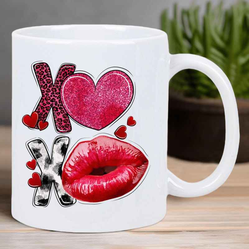 Tailorly White Ceramic 11 oz Mug - Xoxo Textured Animal Print Letters With Vibrant Red Glittery Romantic Style Heart