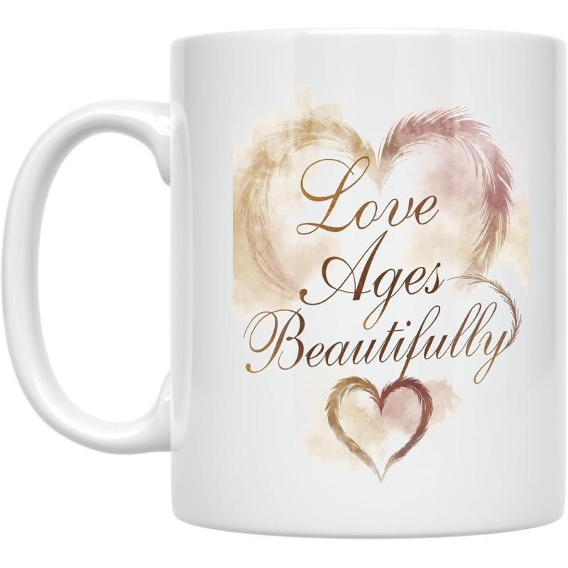 Tailorly White Ceramic 11 oz Mug - Love Ages Beautifully Watercolor Textured Soft Gold And Pink Strokes Forming Delicate Elegant Heart