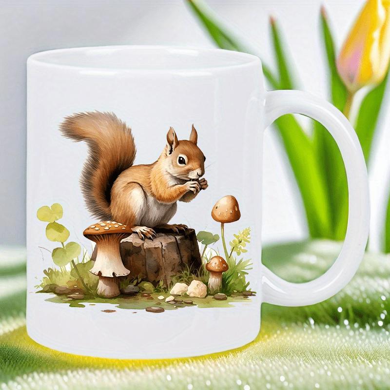 Tailorly White Ceramic 11 oz Mug - Cute Brown Forest Creature Sitting On A Tree Stump With Mushrooms Squirrel