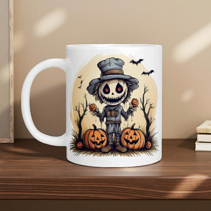 Tailorly White Ceramic 11 oz Mug - Spooky Halloween Night With Carved Pumpkins And Bats Circling A Scarecrow