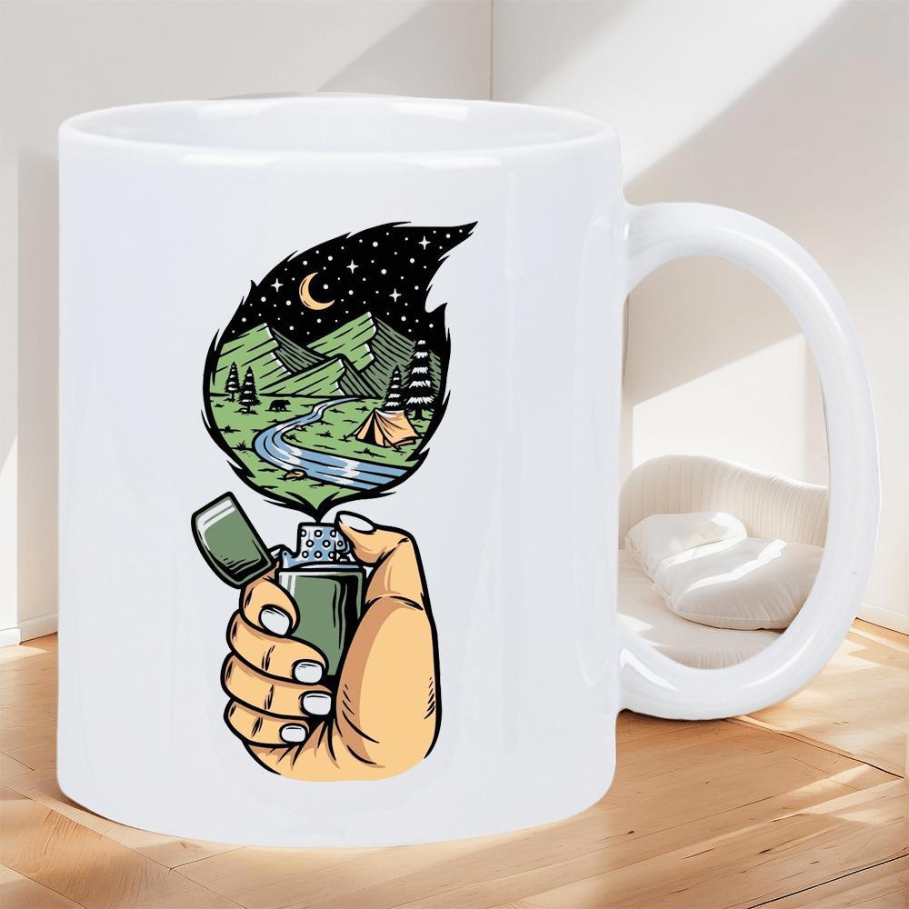 Tailorly White Ceramic 11 oz Mug - Mystical Camping Scene Emerging From A Flickering Flame Held By Hand Scenery