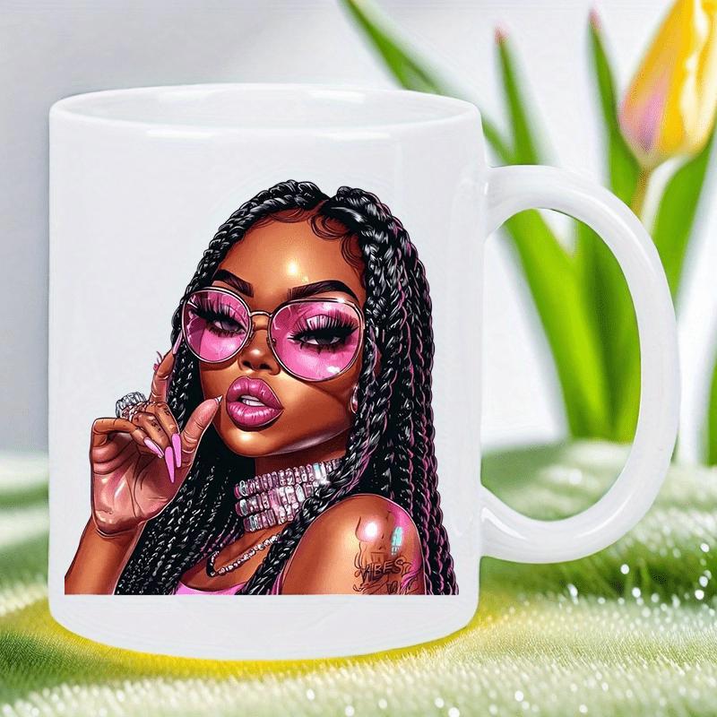 Tailorly White Ceramic 11 oz Mug - Beautiful Black Lady With Long Braids And Pink Heart Glasses Woman