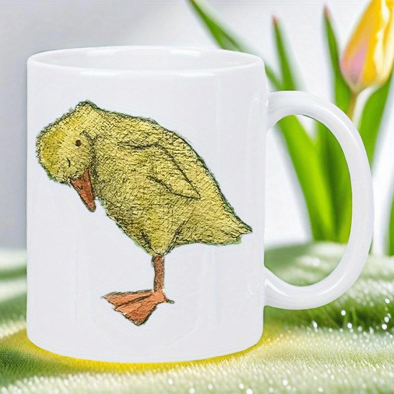 Tailorly White Ceramic 11 oz Mug - Little Fuzzy Yellow Duckling Bowing Its Head On A White Surface Duckling