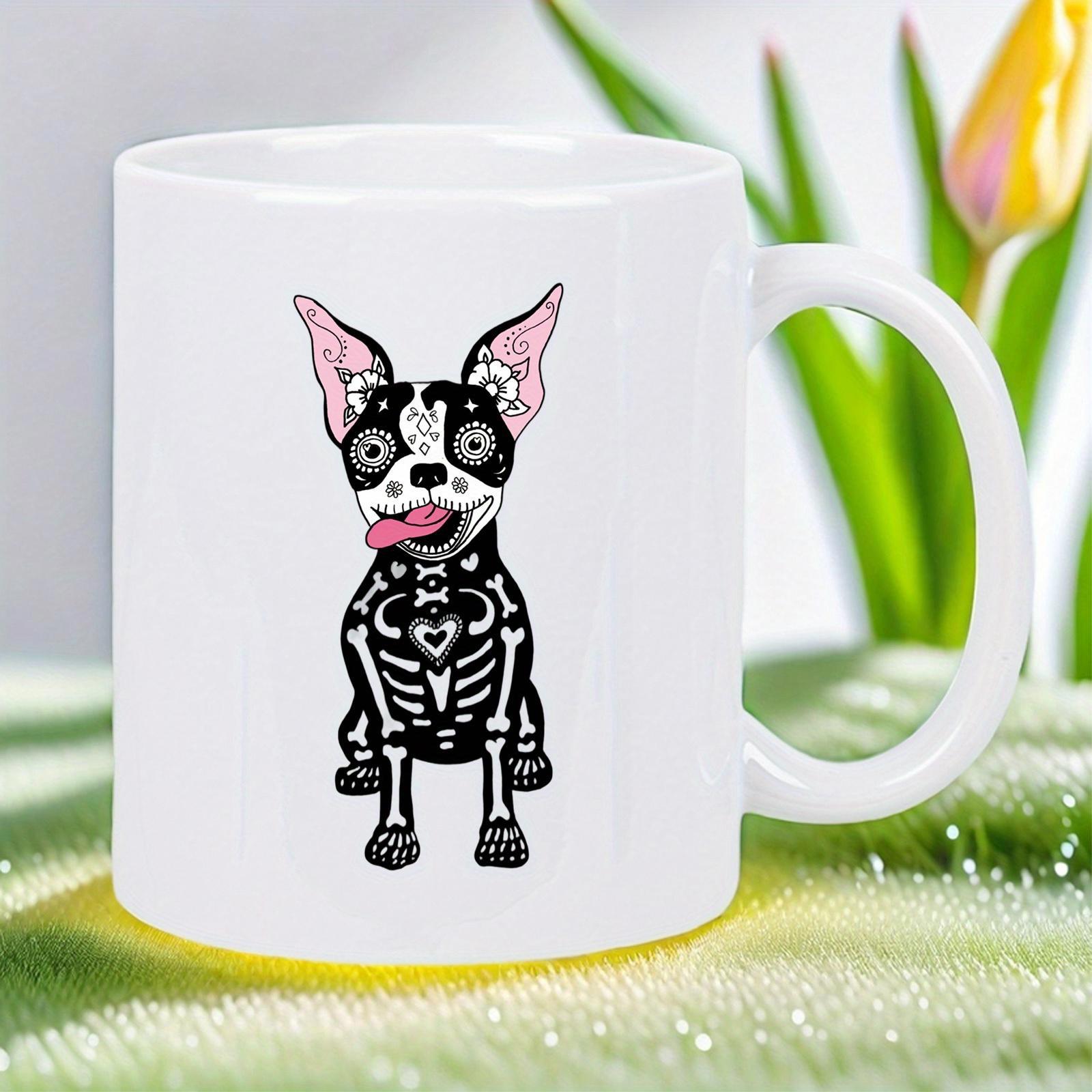 Tailorly White Ceramic 11 oz Mug - Artistic Sugar Skull Skeleton Design Featuring A Cute Sitting Frenchie Dog
