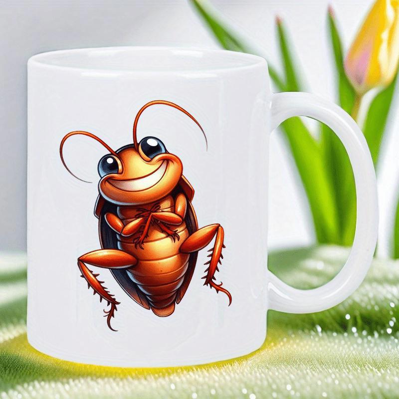 Tailorly White Ceramic 11 oz Mug - Cheerful Cartoon Insect Smiling With Big Eyes And Detailed Shiny Body Cockroach